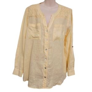 ✨Bogo FREE ✨ Chico's Yellow Linen Button Down Top w Floral Lace Sz 1 (M)